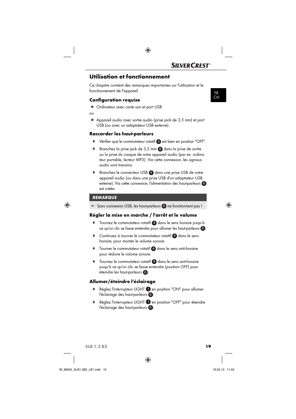 Utilisation et fonctionnement, Conﬁ guration requise, Raccorder les haut-parleurs | Régler la mise en marche / l'arrêt et le volume, Allumer/éteindre l'éclairage | Silvercrest SLB 1.2 B2 User Manual | Page 22 / 64