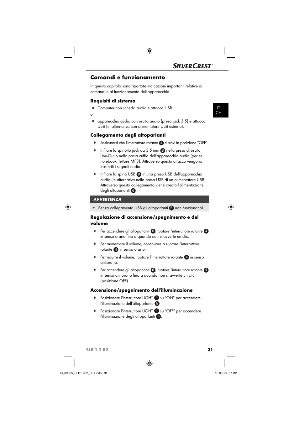 Comandi e funzionamento, Requisiti di sistema, Collegamento degli altoparlanti | Regolazione di accensione/spegnimento e del volume, Accensione/spegnimento dell'illuminazione | Silvercrest SLB 1.2 B2 User Manual | Page 34 / 64