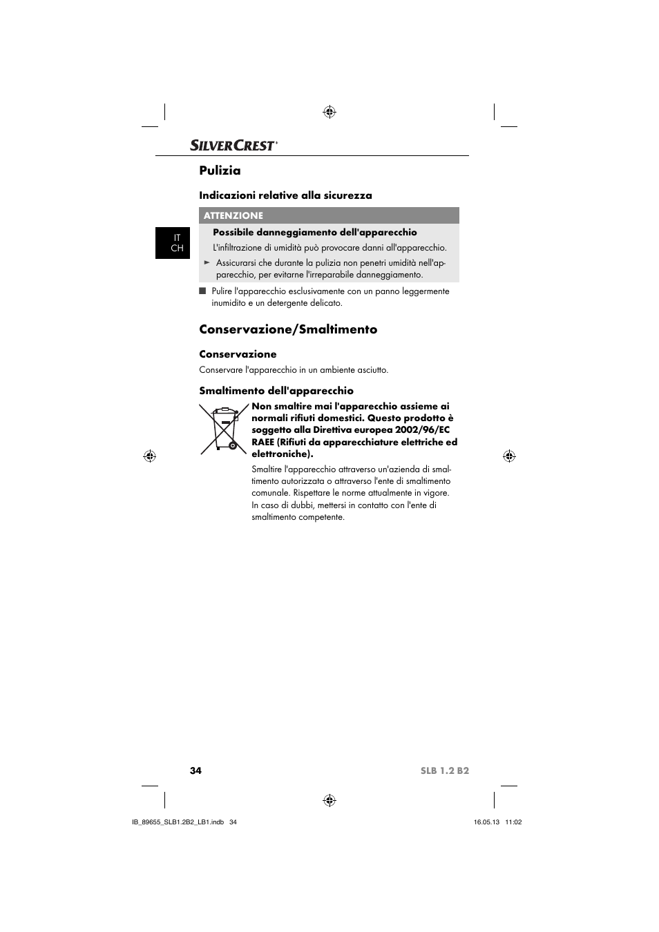 Pulizia, Conservazione/smaltimento | Silvercrest SLB 1.2 B2 User Manual | Page 37 / 64