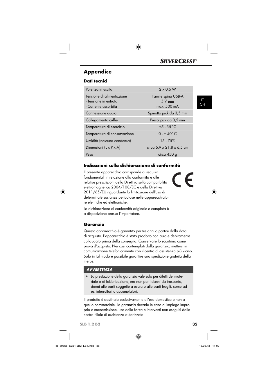 Appendice, Dati tecnici, Indicazioni sulla dichiarazione di conformità | Garanzia | Silvercrest SLB 1.2 B2 User Manual | Page 38 / 64