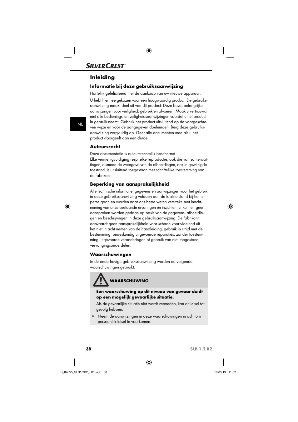 Inleiding, Informatie bij deze gebruiksaanwijzing, Auteursrecht | Beperking van aansprakelijkheid, Waarschuwingen | Silvercrest SLB 1.2 B2 User Manual | Page 41 / 64