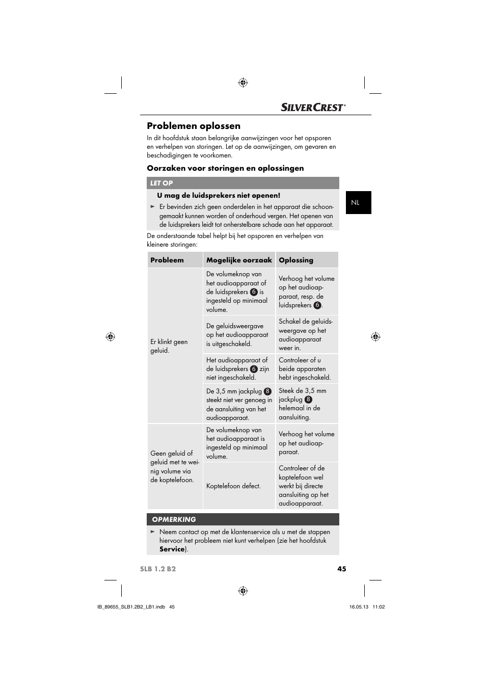 Problemen oplossen, Oorzaken voor storingen en oplossingen | Silvercrest SLB 1.2 B2 User Manual | Page 48 / 64