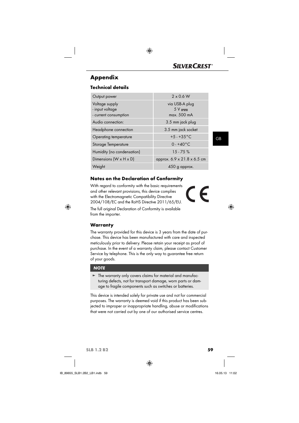 Appendix, Technical details, Warranty | Silvercrest SLB 1.2 B2 User Manual | Page 62 / 64