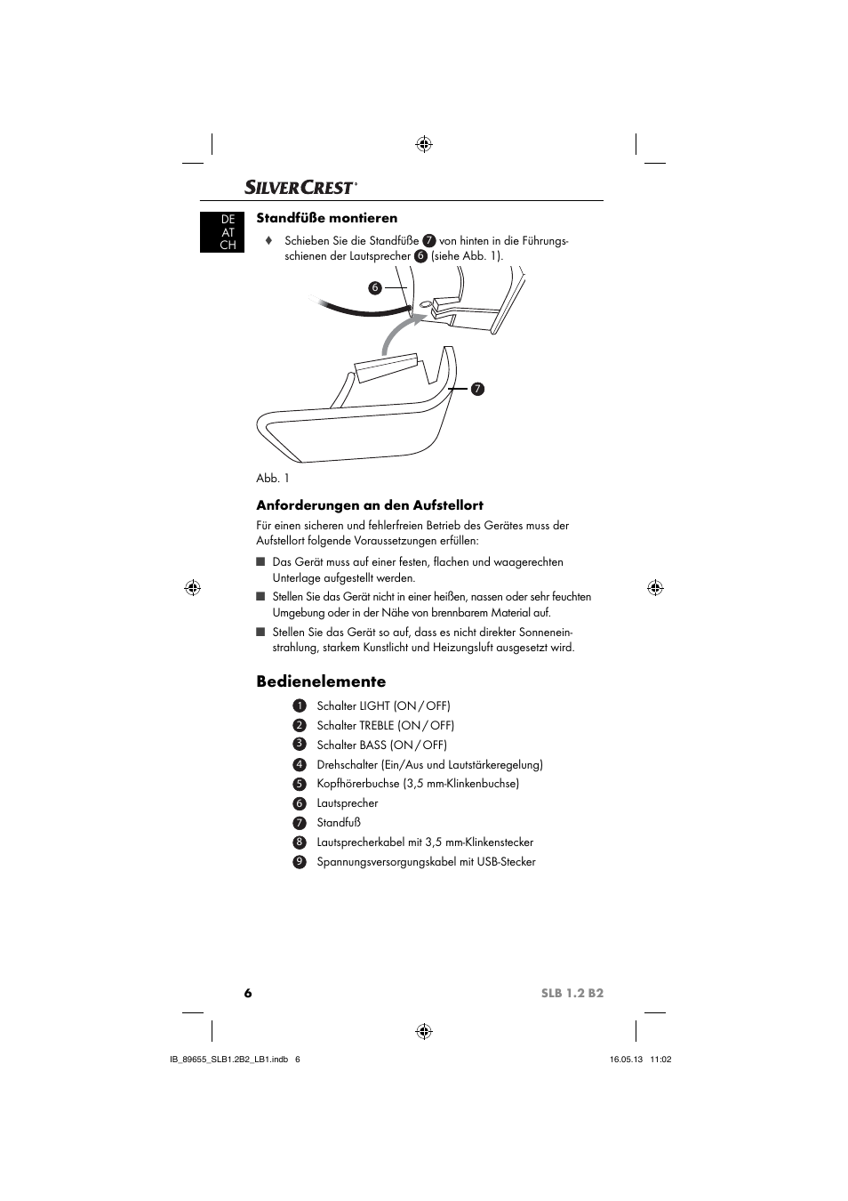 Bedienelemente, Standfüße montieren, Anforderungen an den aufstellort | Silvercrest SLB 1.2 B2 User Manual | Page 9 / 64