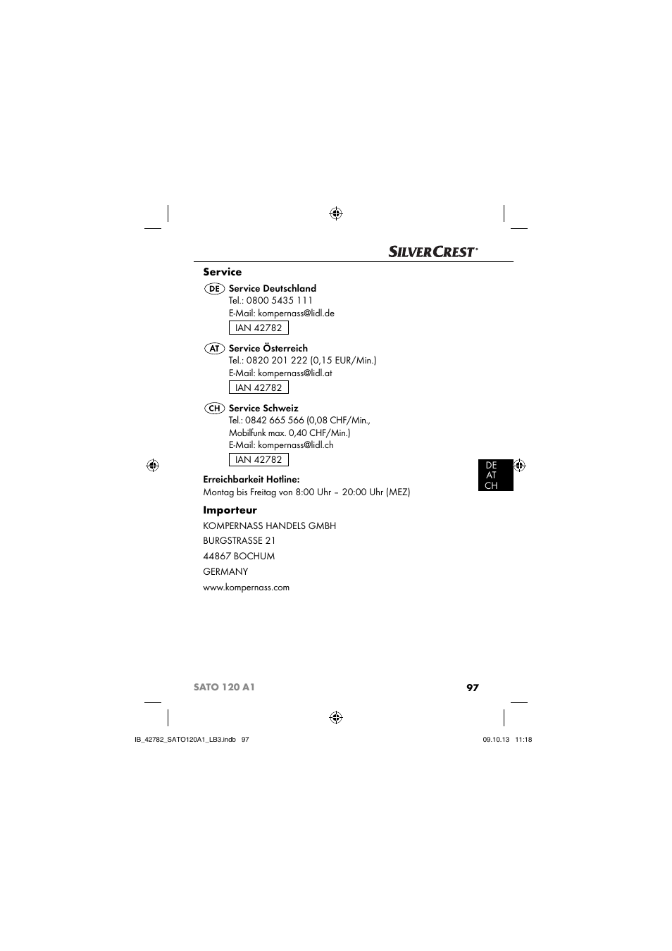 Service, Importeur | Silvercrest SATO 120 A1 User Manual | Page 100 / 101