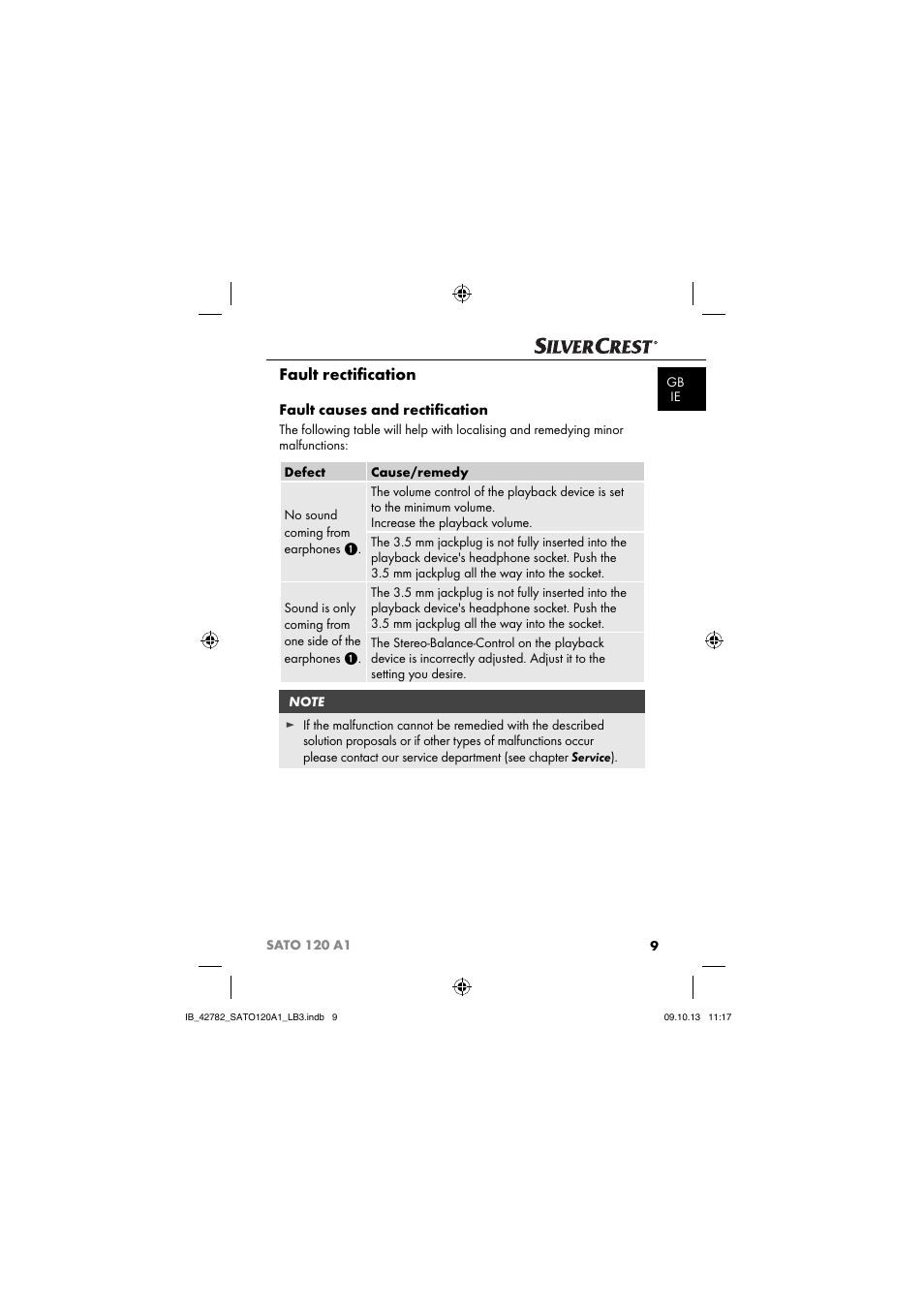 Fault rectiﬁ cation, Fault causes and rectiﬁ cation | Silvercrest SATO 120 A1 User Manual | Page 12 / 101