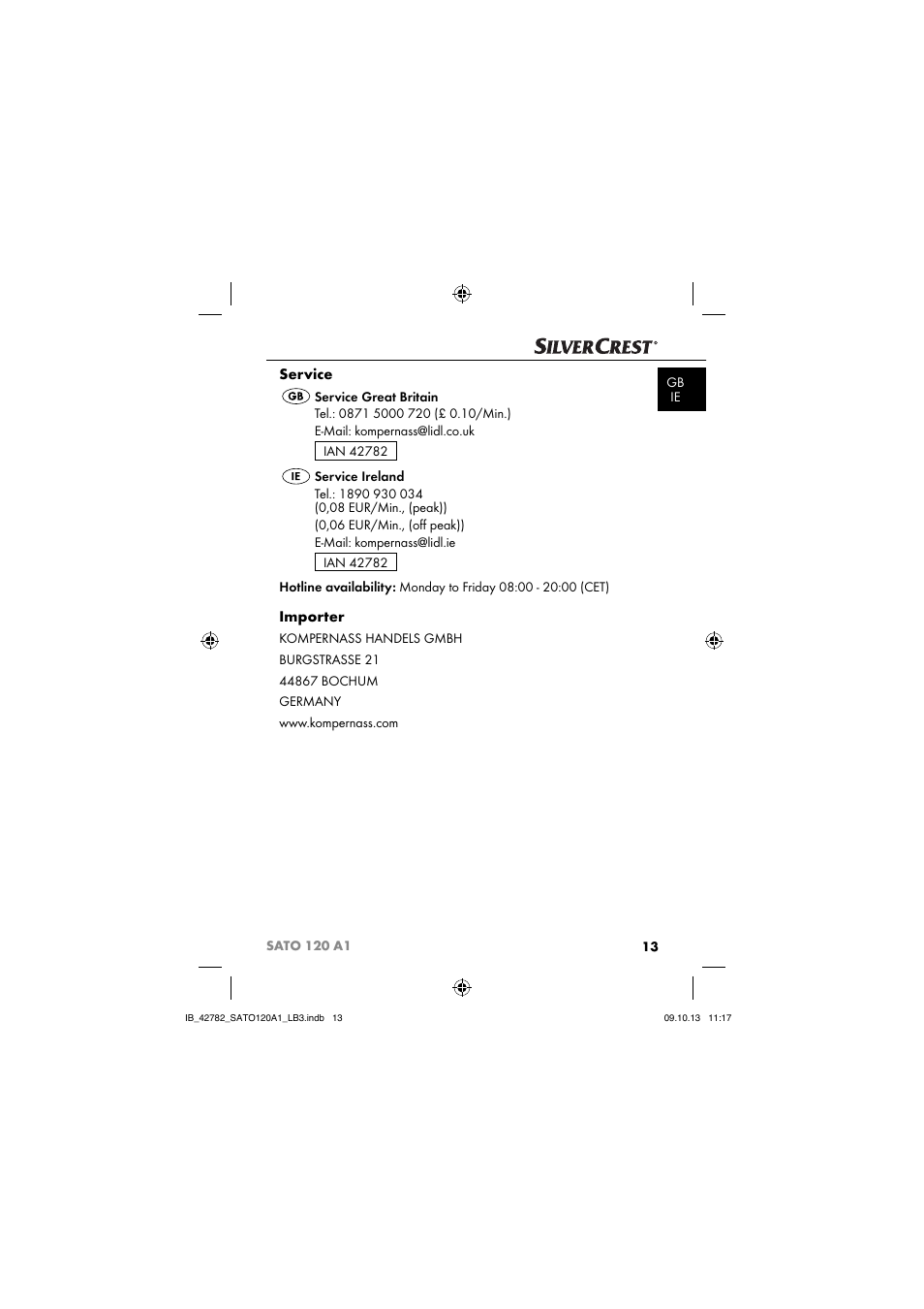Service, Importer | Silvercrest SATO 120 A1 User Manual | Page 16 / 101