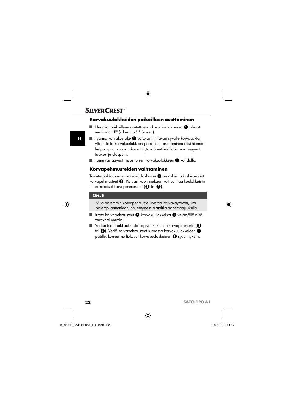 Korvakuulokkeiden paikoilleen asettaminen, Korvapehmusteiden vaihtaminen | Silvercrest SATO 120 A1 User Manual | Page 25 / 101