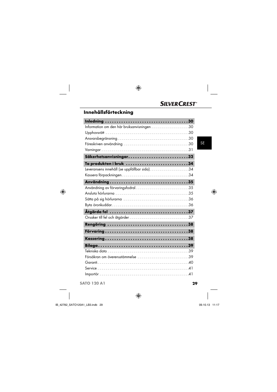 Innehållsförteckning | Silvercrest SATO 120 A1 User Manual | Page 32 / 101