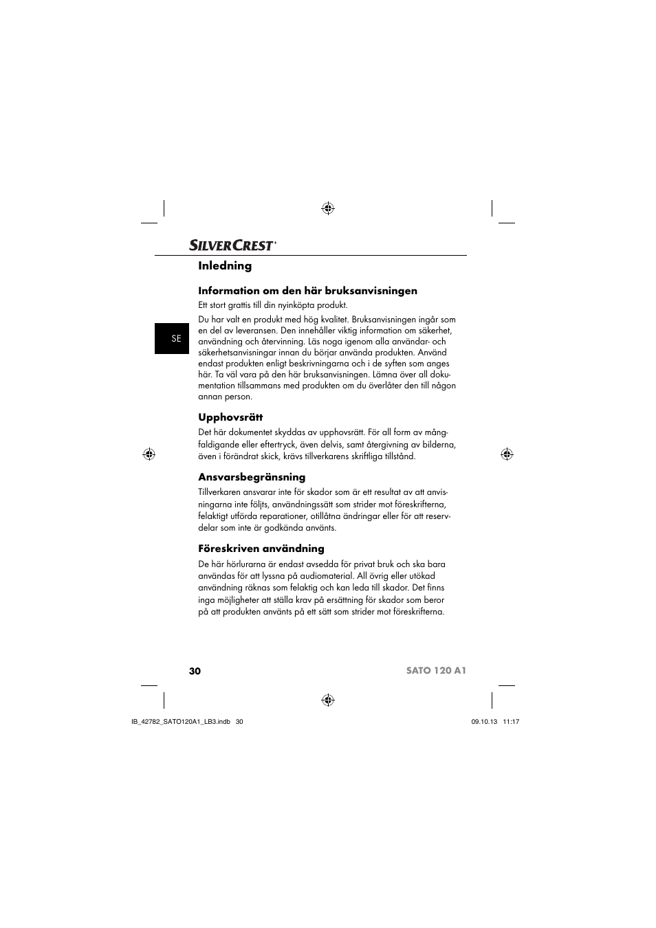 Inledning, Information om den här bruksanvisningen, Upphovsrätt | Ansvarsbegränsning, Föreskriven användning | Silvercrest SATO 120 A1 User Manual | Page 33 / 101