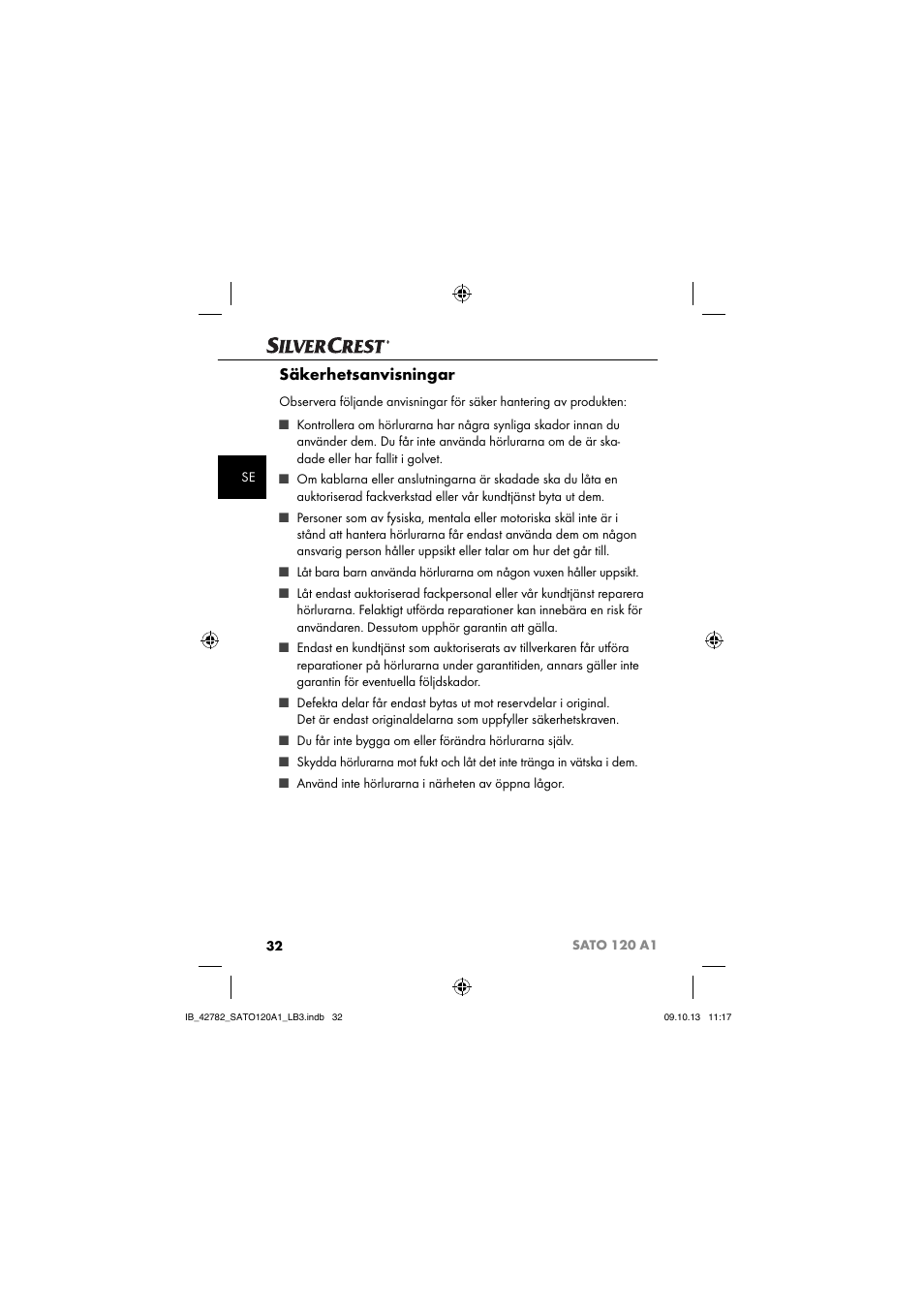 Säkerhetsanvisningar | Silvercrest SATO 120 A1 User Manual | Page 35 / 101