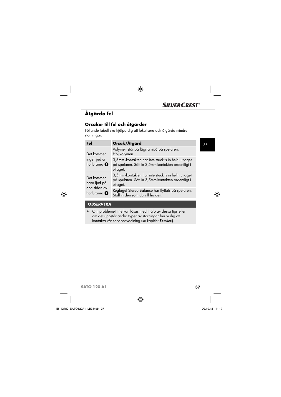 Åtgärda fel, Orsaker till fel och åtgärder | Silvercrest SATO 120 A1 User Manual | Page 40 / 101