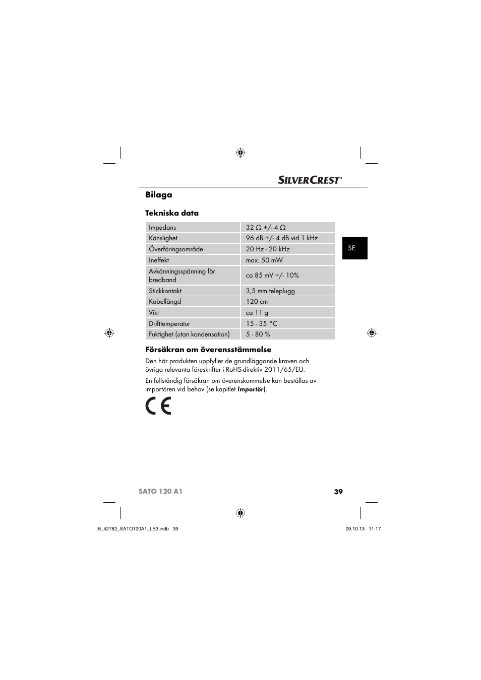 Bilaga, Tekniska data, Försäkran om överensstämmelse | Silvercrest SATO 120 A1 User Manual | Page 42 / 101