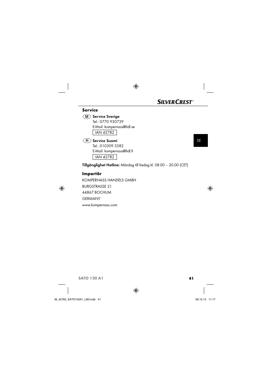 Service, Importör | Silvercrest SATO 120 A1 User Manual | Page 44 / 101