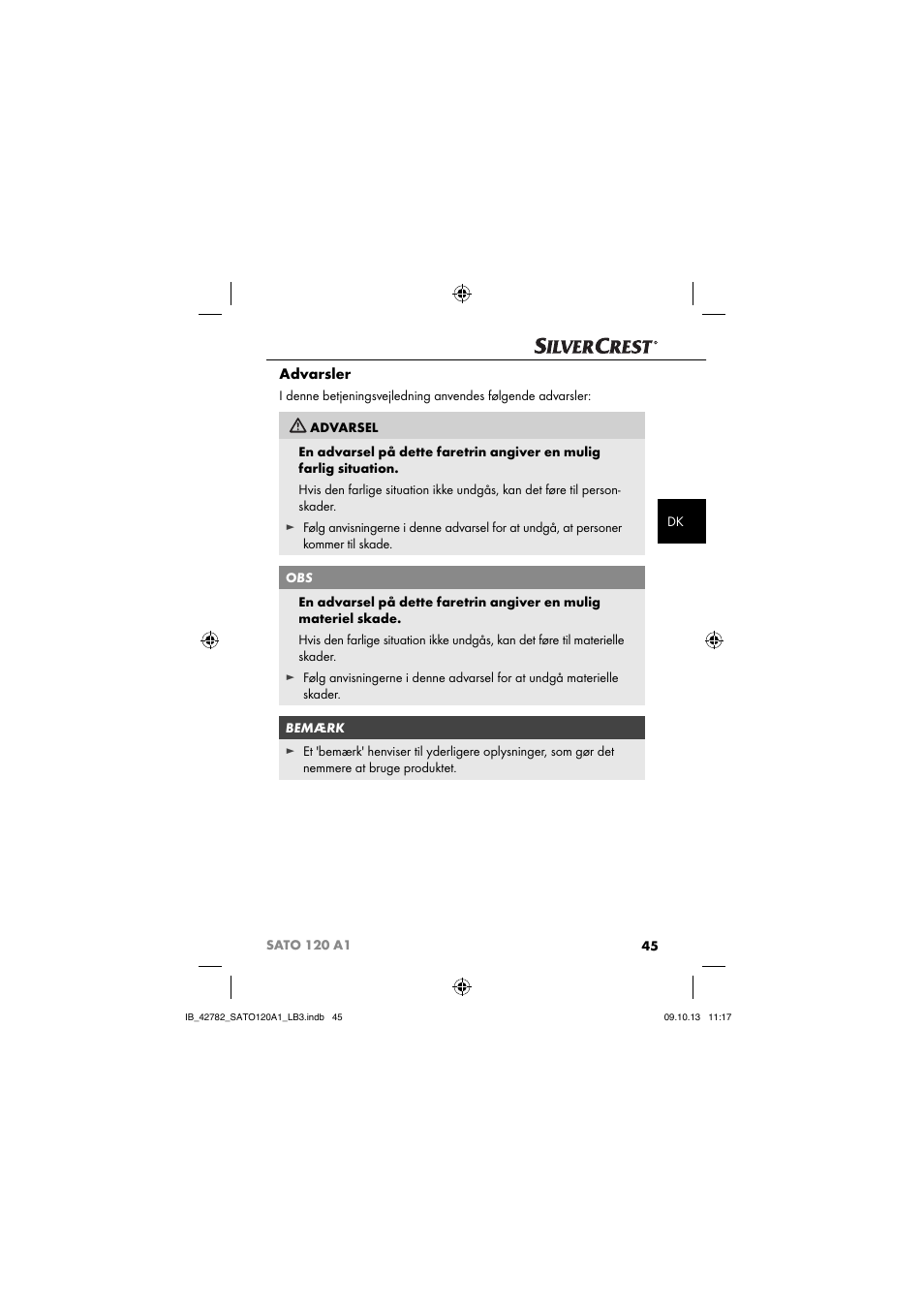 Advarsler | Silvercrest SATO 120 A1 User Manual | Page 48 / 101