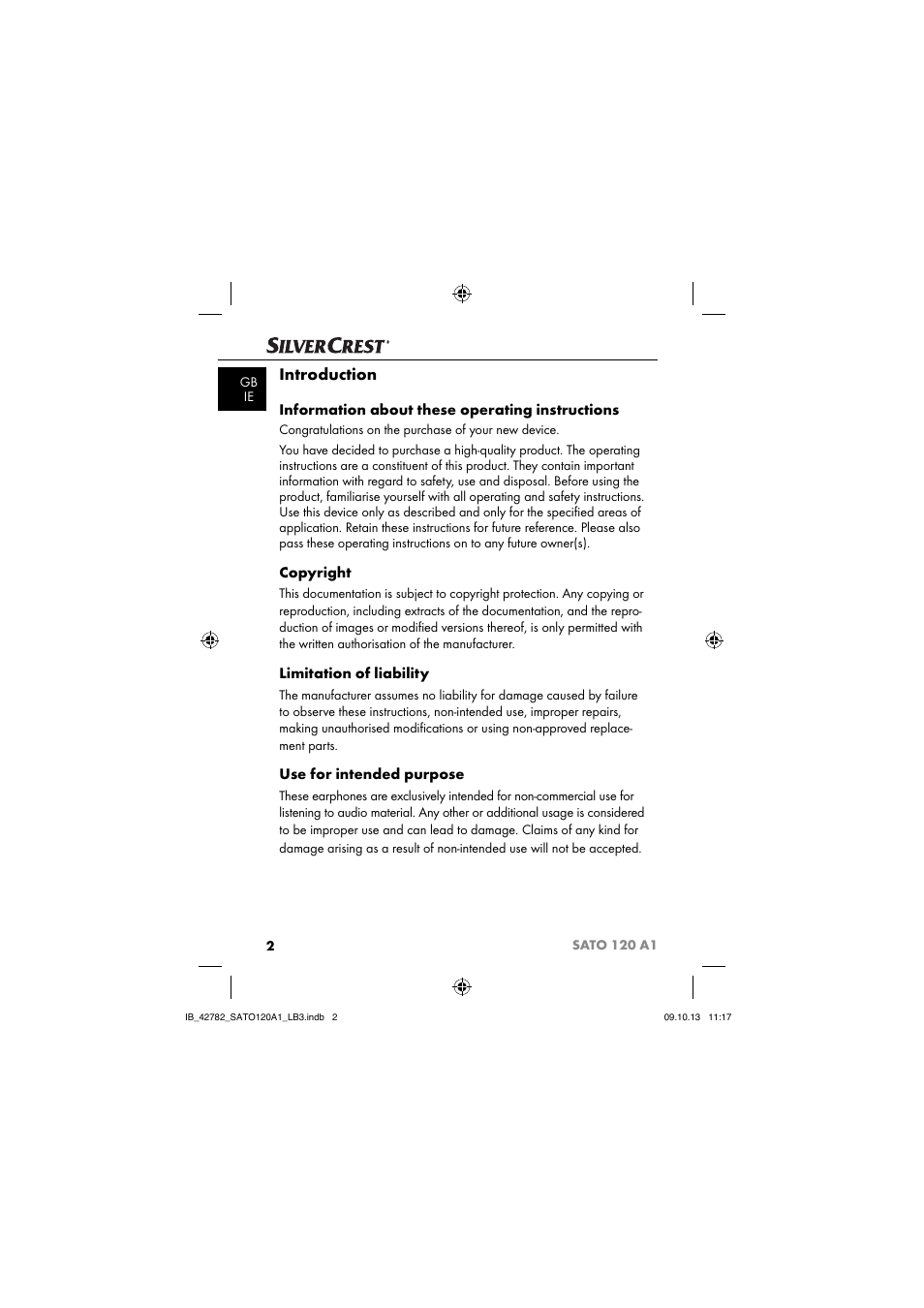 Introduction, Information about these operating instructions, Copyright | Limitation of liability, Use for intended purpose | Silvercrest SATO 120 A1 User Manual | Page 5 / 101