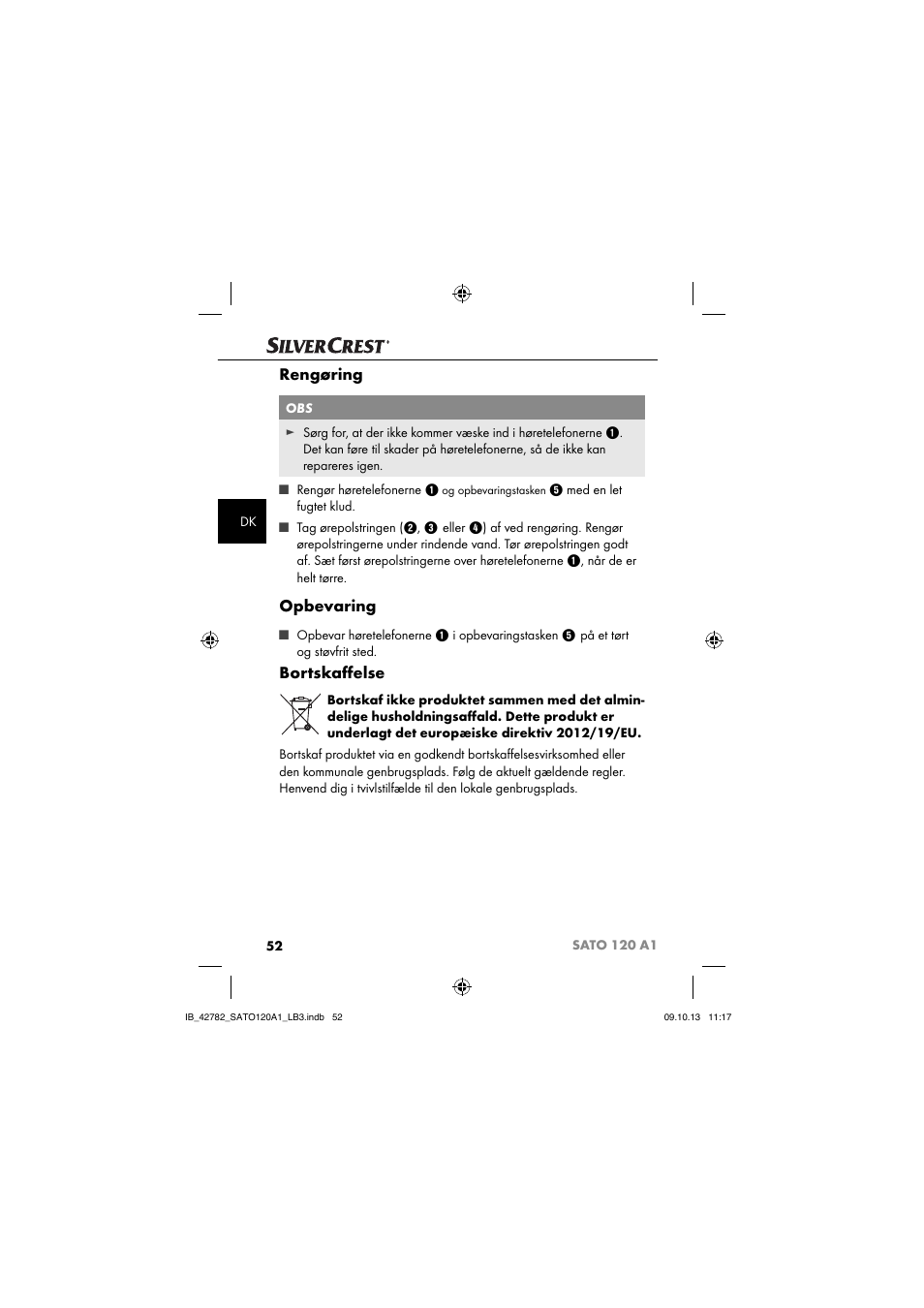 Rengøring, Opbevaring, Bortskaﬀ else | Silvercrest SATO 120 A1 User Manual | Page 55 / 101