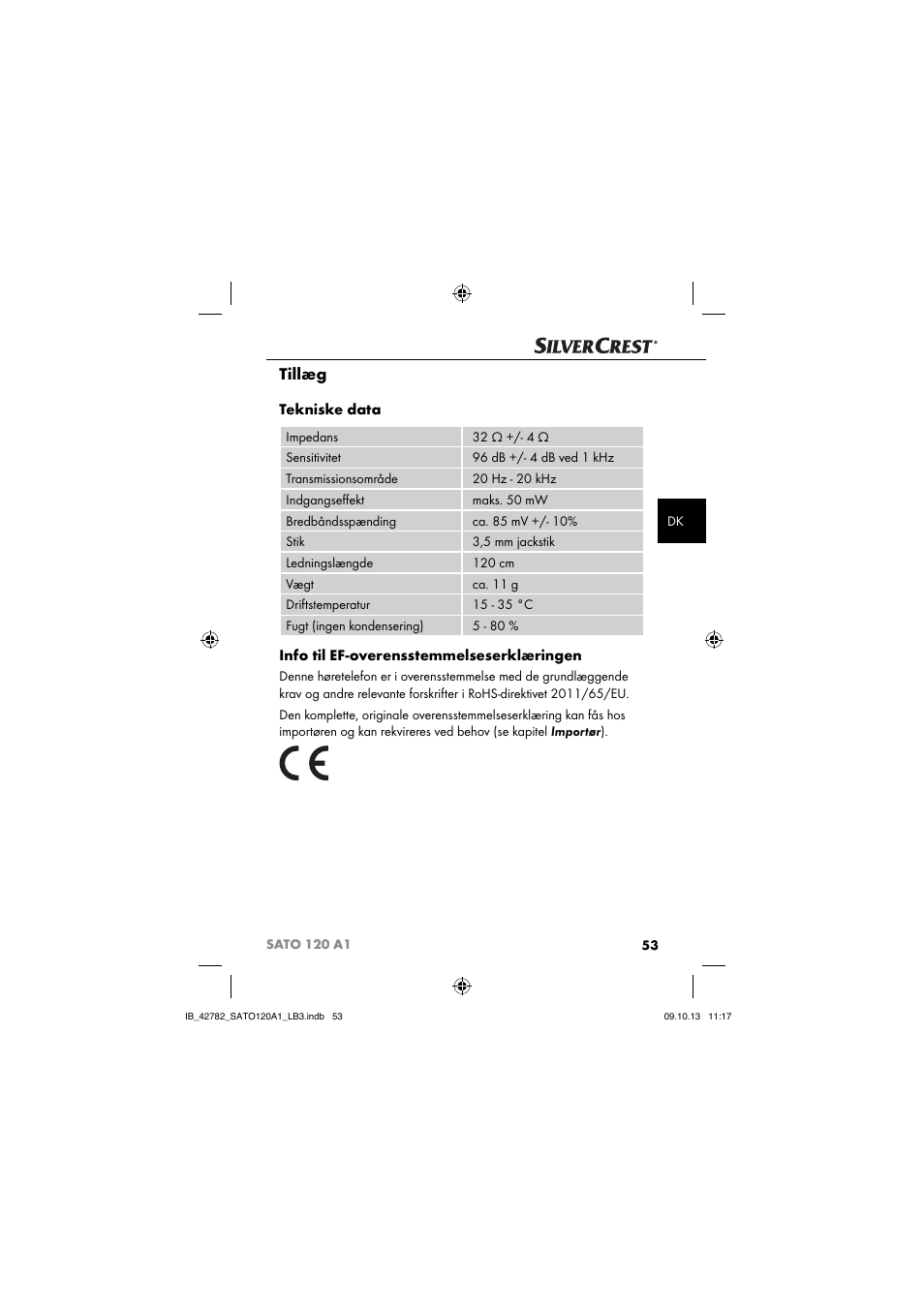 Tillæg, Tekniske data, Info til ef-overensstemmelseserklæringen | Silvercrest SATO 120 A1 User Manual | Page 56 / 101