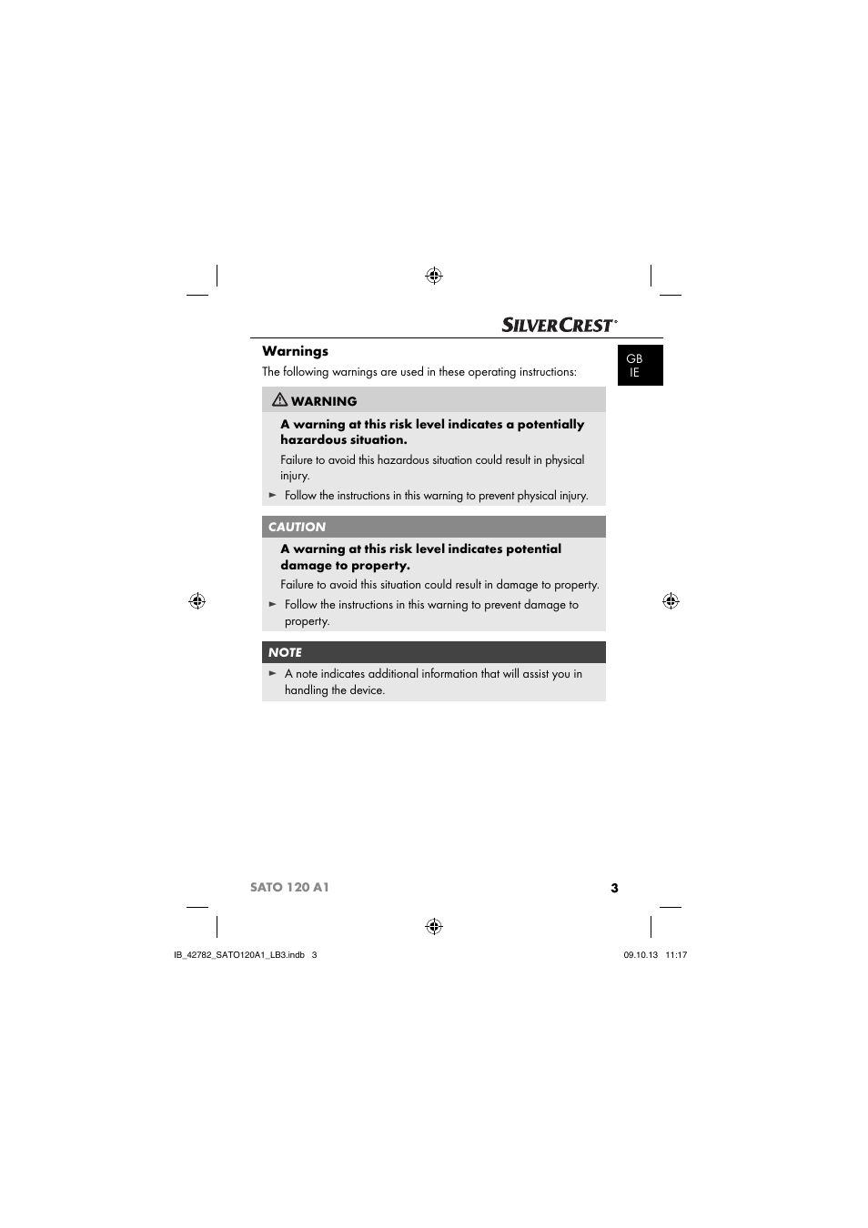 Warnings | Silvercrest SATO 120 A1 User Manual | Page 6 / 101