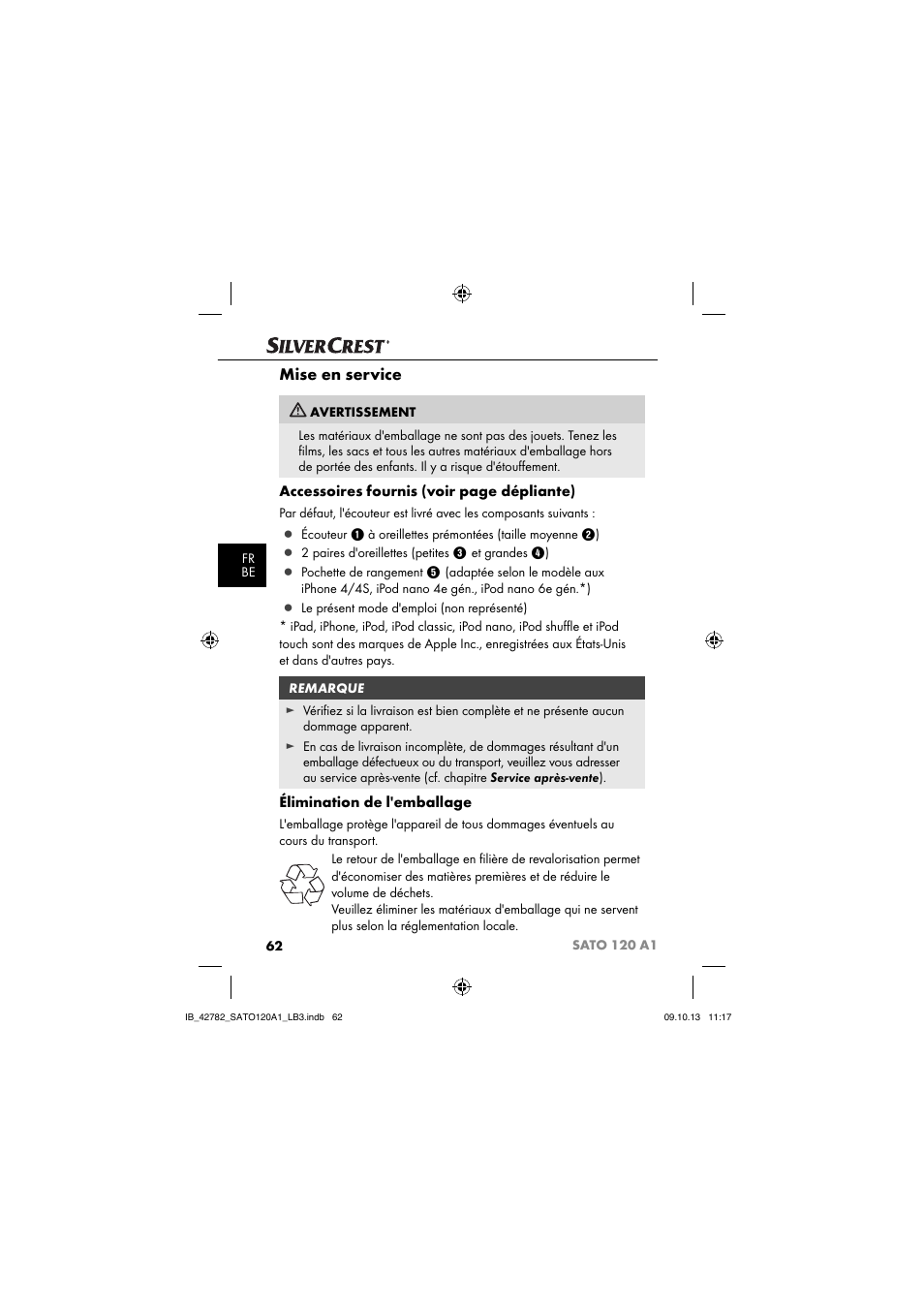 Mise en service, Accessoires fournis (voir page dépliante), Élimination de l'emballage | Silvercrest SATO 120 A1 User Manual | Page 65 / 101