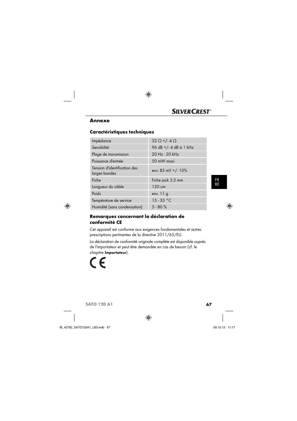 Annexe, Caractéristiques techniques | Silvercrest SATO 120 A1 User Manual | Page 70 / 101