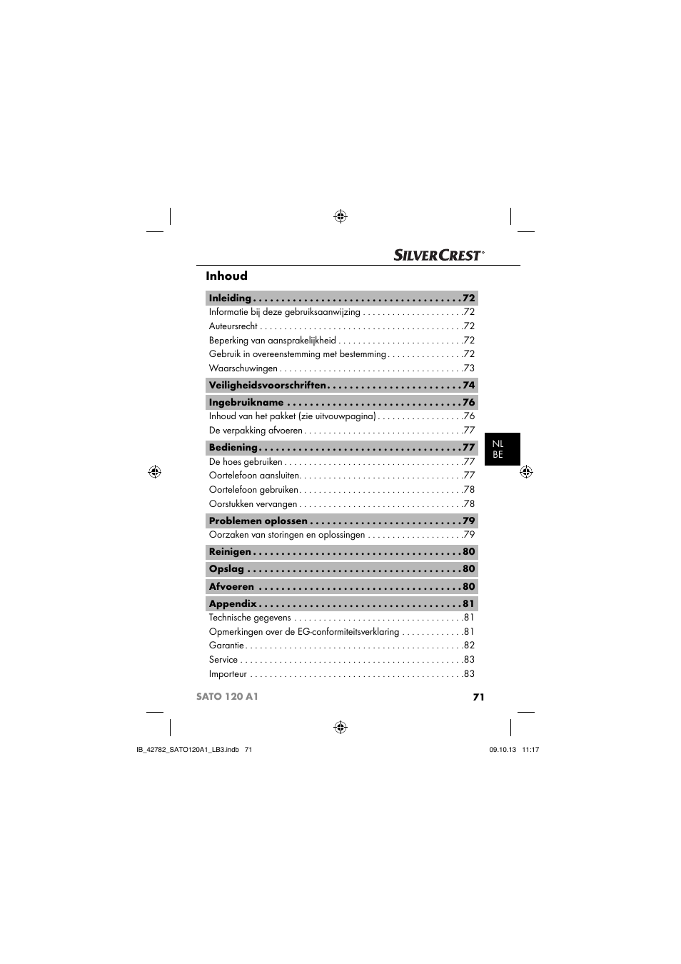 Inhoud | Silvercrest SATO 120 A1 User Manual | Page 74 / 101