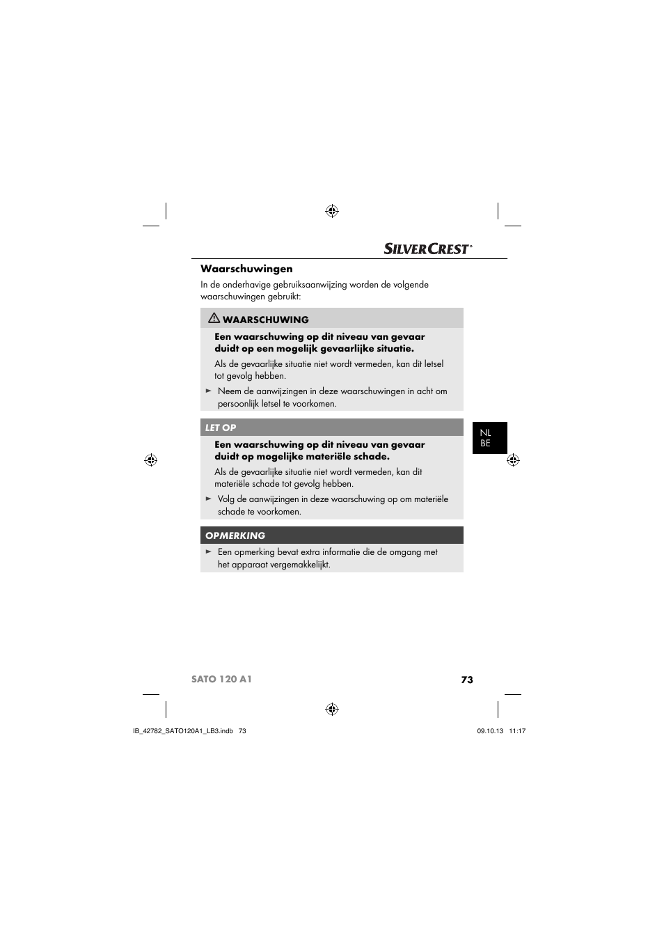 Waarschuwingen | Silvercrest SATO 120 A1 User Manual | Page 76 / 101