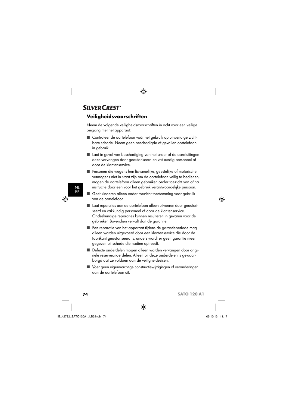 Veiligheidsvoorschriften | Silvercrest SATO 120 A1 User Manual | Page 77 / 101