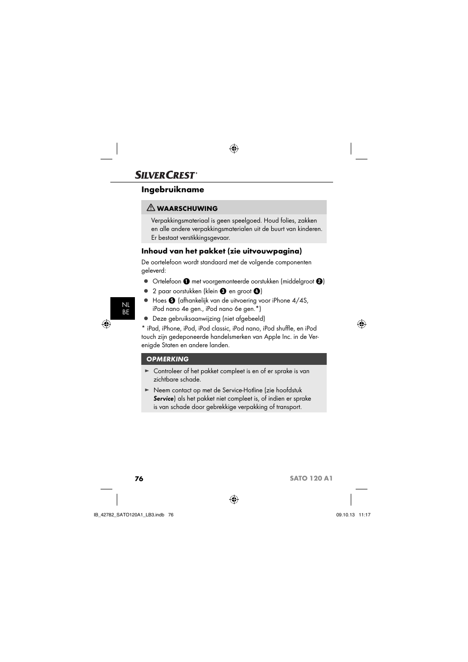 Ingebruikname, Inhoud van het pakket (zie uitvouwpagina) | Silvercrest SATO 120 A1 User Manual | Page 79 / 101