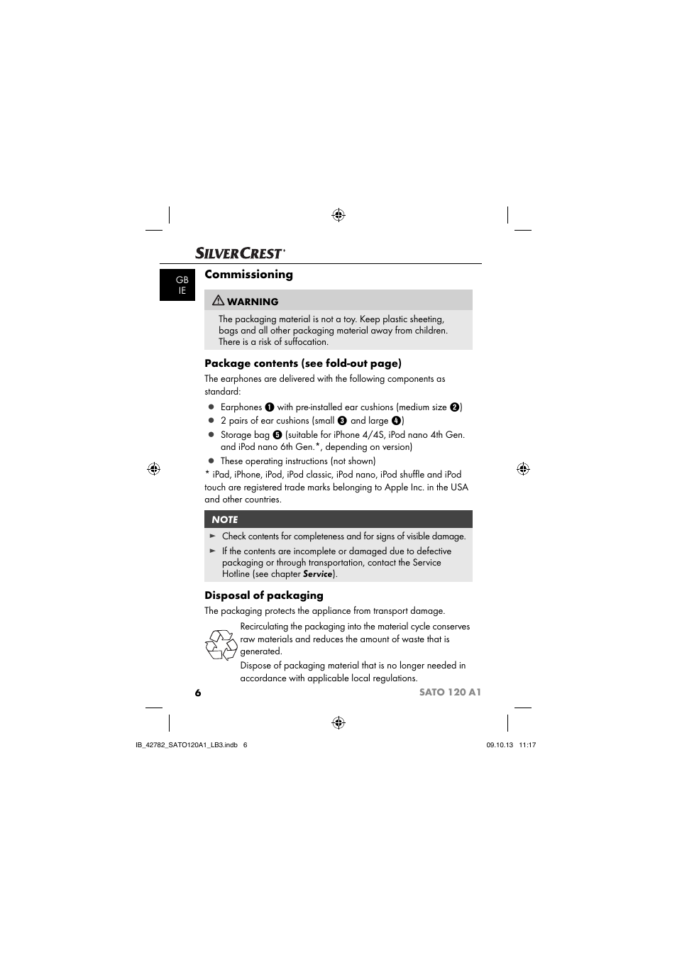 Commissioning, Package contents (see fold-out page), Disposal of packaging | Silvercrest SATO 120 A1 User Manual | Page 9 / 101