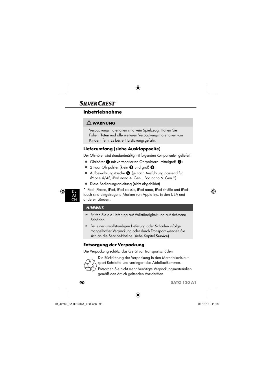 Inbetriebnahme, Lieferumfang (siehe ausklappseite), Entsorgung der verpackung | Silvercrest SATO 120 A1 User Manual | Page 93 / 101