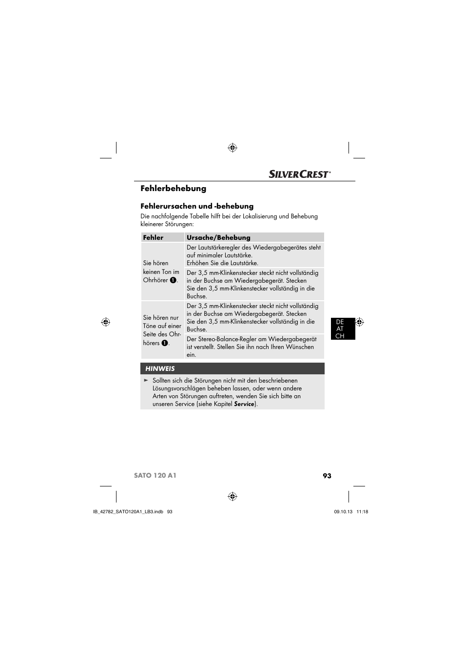 Fehlerbehebung, Fehlerursachen und -behebung | Silvercrest SATO 120 A1 User Manual | Page 96 / 101