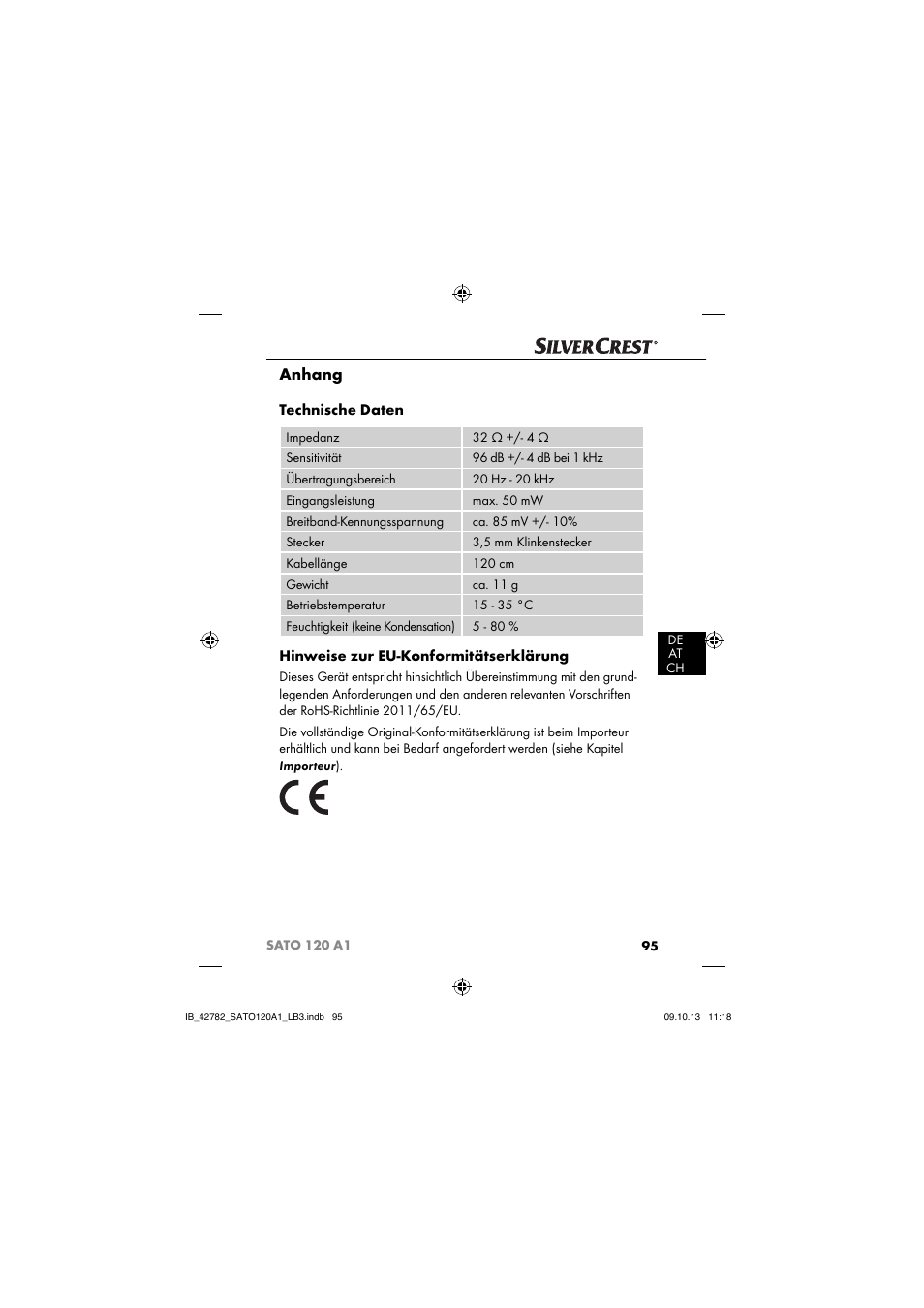 Anhang, Technische daten, Hinweise zur eu-konformitätserklärung | Silvercrest SATO 120 A1 User Manual | Page 98 / 101