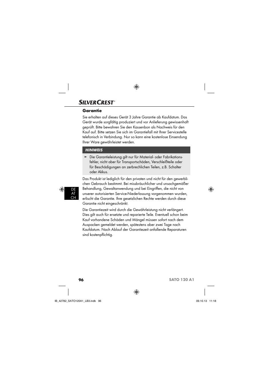 Garantie | Silvercrest SATO 120 A1 User Manual | Page 99 / 101