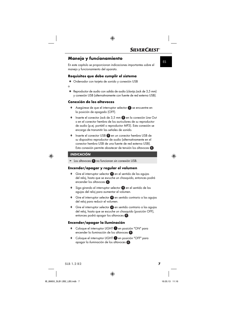 Manejo y funcionamiento, Requisitos que debe cumplir el sistema, Conexión de los altavoces | Encender/apagar y regular el volumen, Encender/apagar la iluminación | Silvercrest SLB 1.2 B2 User Manual | Page 10 / 64