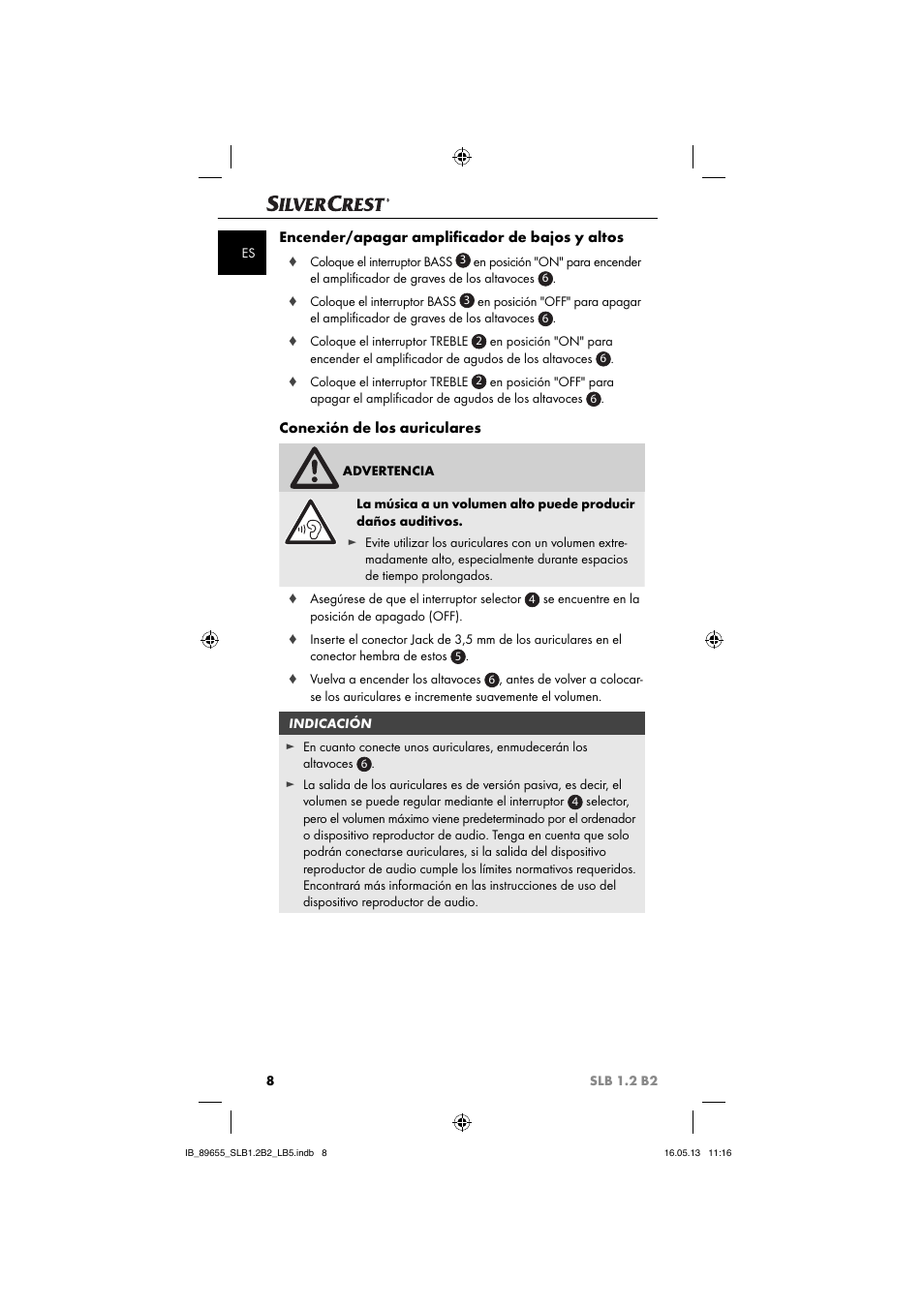 Encender/apagar ampliﬁ cador de bajos y altos, Conexión de los auriculares | Silvercrest SLB 1.2 B2 User Manual | Page 11 / 64