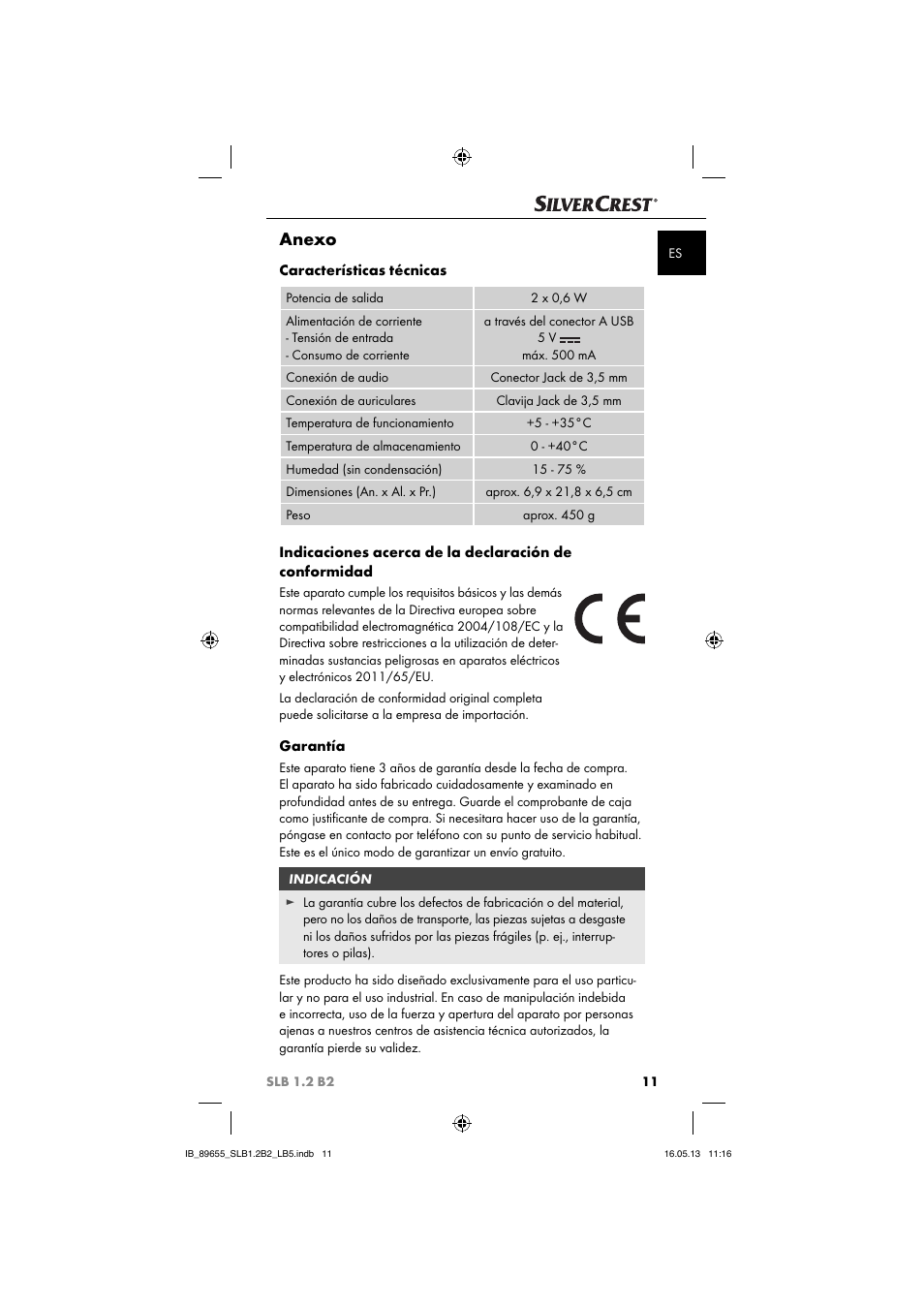 Anexo, Características técnicas, Garantía | Silvercrest SLB 1.2 B2 User Manual | Page 14 / 64