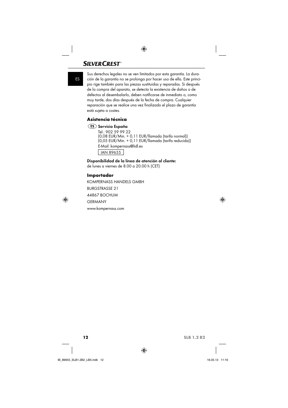 Asistencia técnica, Importador | Silvercrest SLB 1.2 B2 User Manual | Page 15 / 64