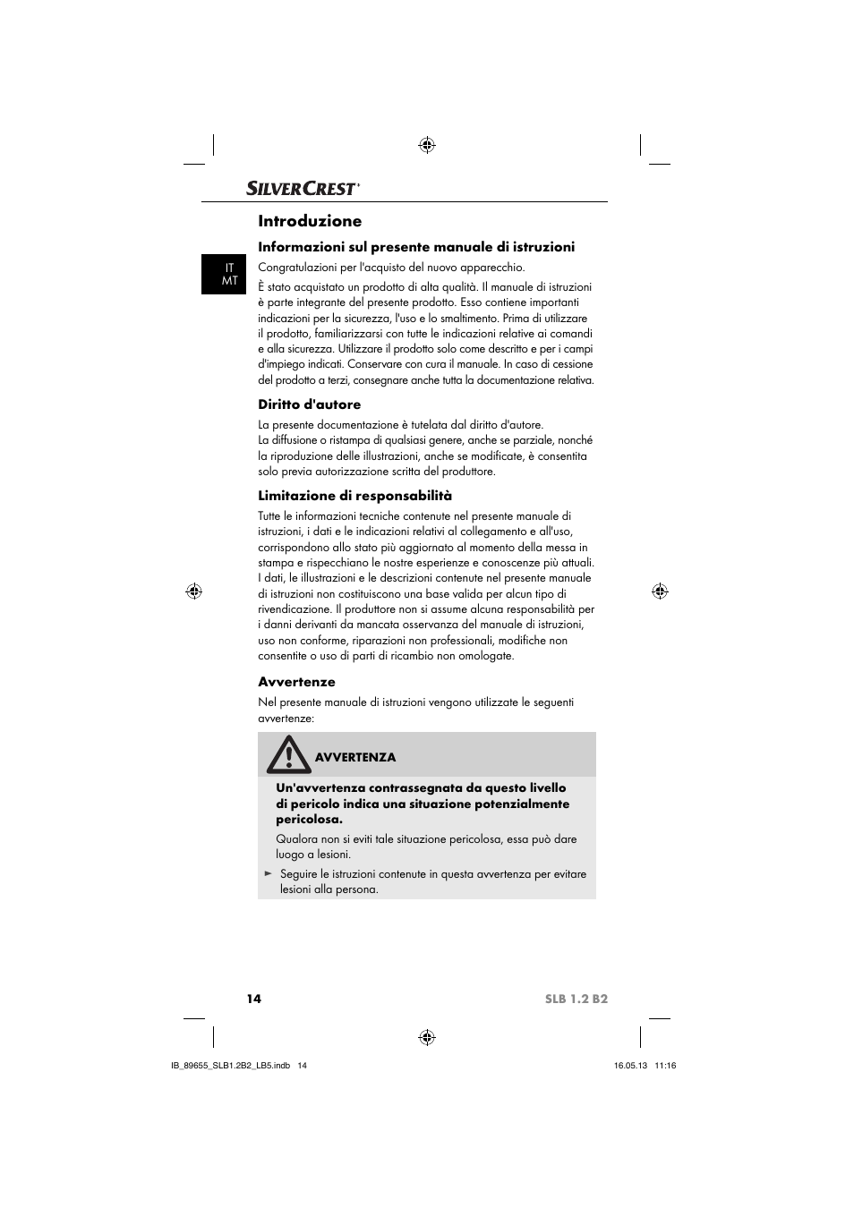 Introduzione, Informazioni sul presente manuale di istruzioni, Diritto d'autore | Limitazione di responsabilità, Avvertenze | Silvercrest SLB 1.2 B2 User Manual | Page 17 / 64