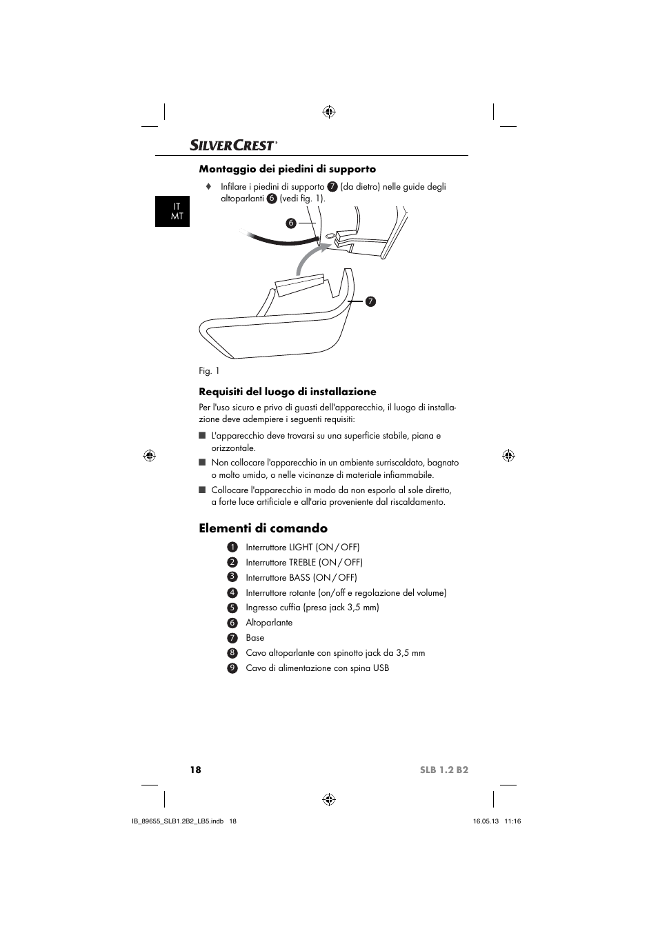 Elementi di comando, Montaggio dei piedini di supporto, Requisiti del luogo di installazione | Silvercrest SLB 1.2 B2 User Manual | Page 21 / 64