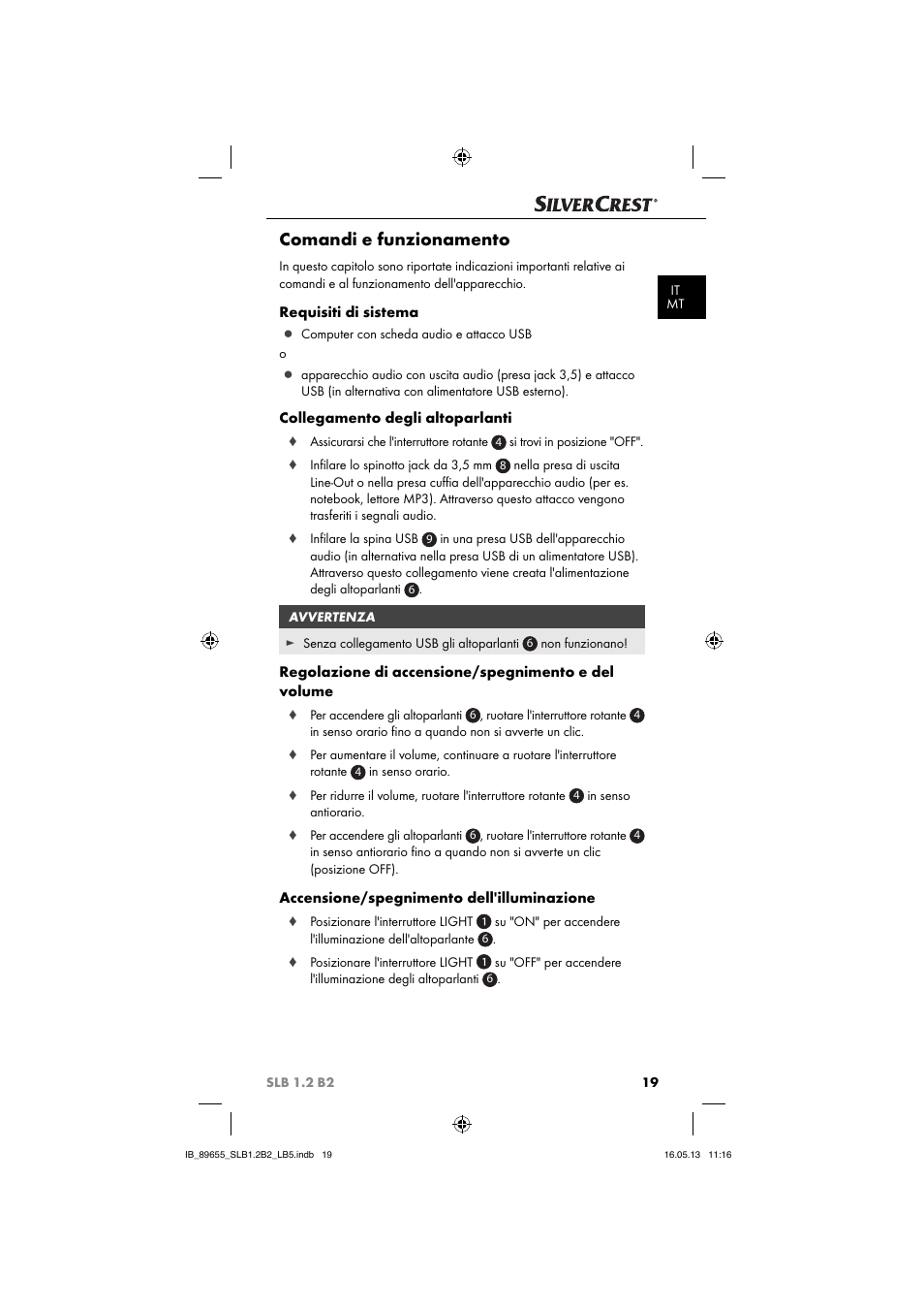 Comandi e funzionamento, Requisiti di sistema, Collegamento degli altoparlanti | Regolazione di accensione/spegnimento e del volume, Accensione/spegnimento dell'illuminazione | Silvercrest SLB 1.2 B2 User Manual | Page 22 / 64