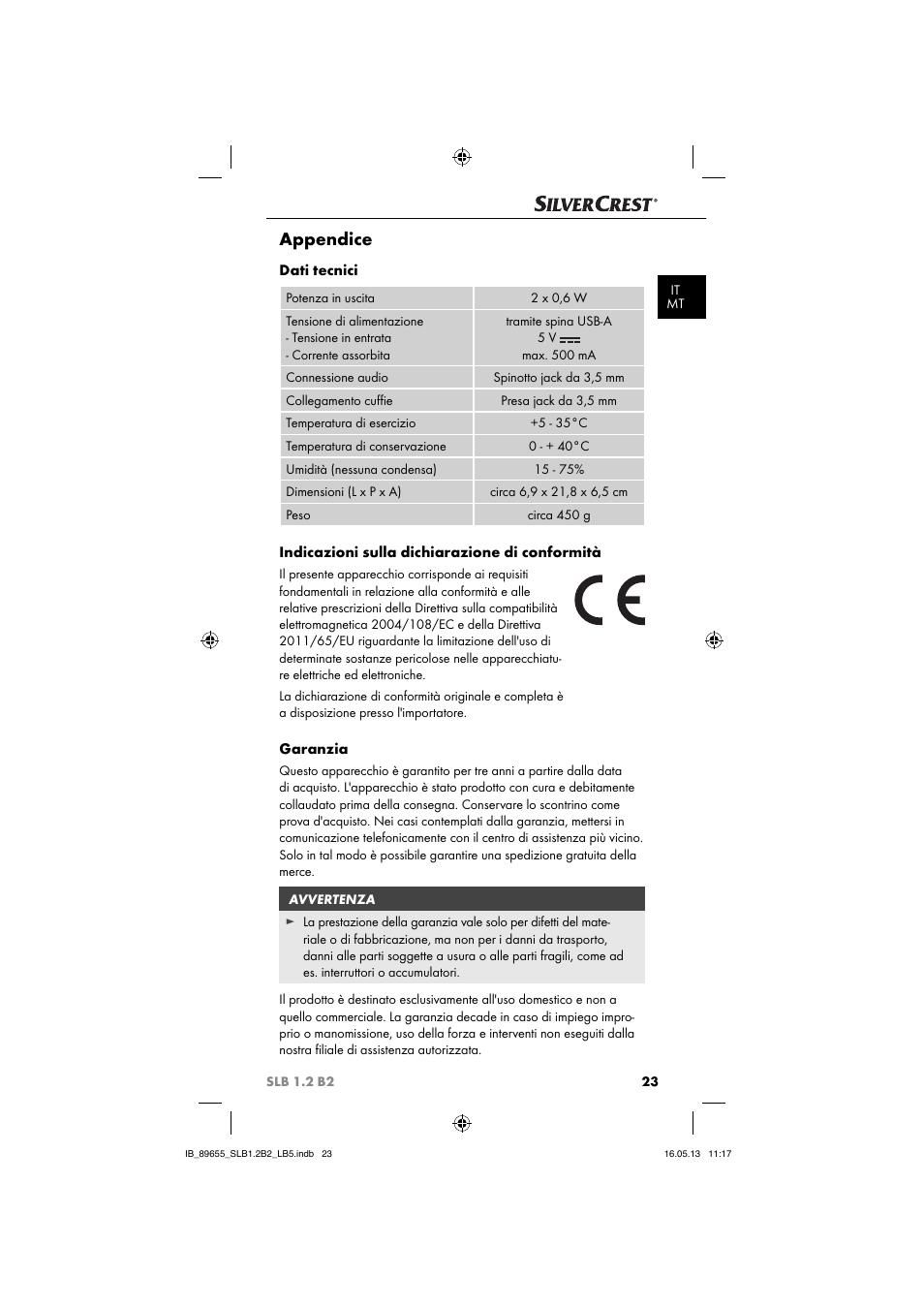 Appendice, Dati tecnici, Indicazioni sulla dichiarazione di conformità | Garanzia | Silvercrest SLB 1.2 B2 User Manual | Page 26 / 64