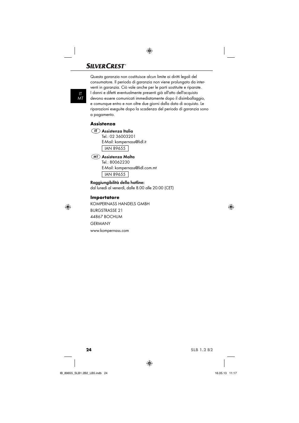 Assistenza, Importatore | Silvercrest SLB 1.2 B2 User Manual | Page 27 / 64