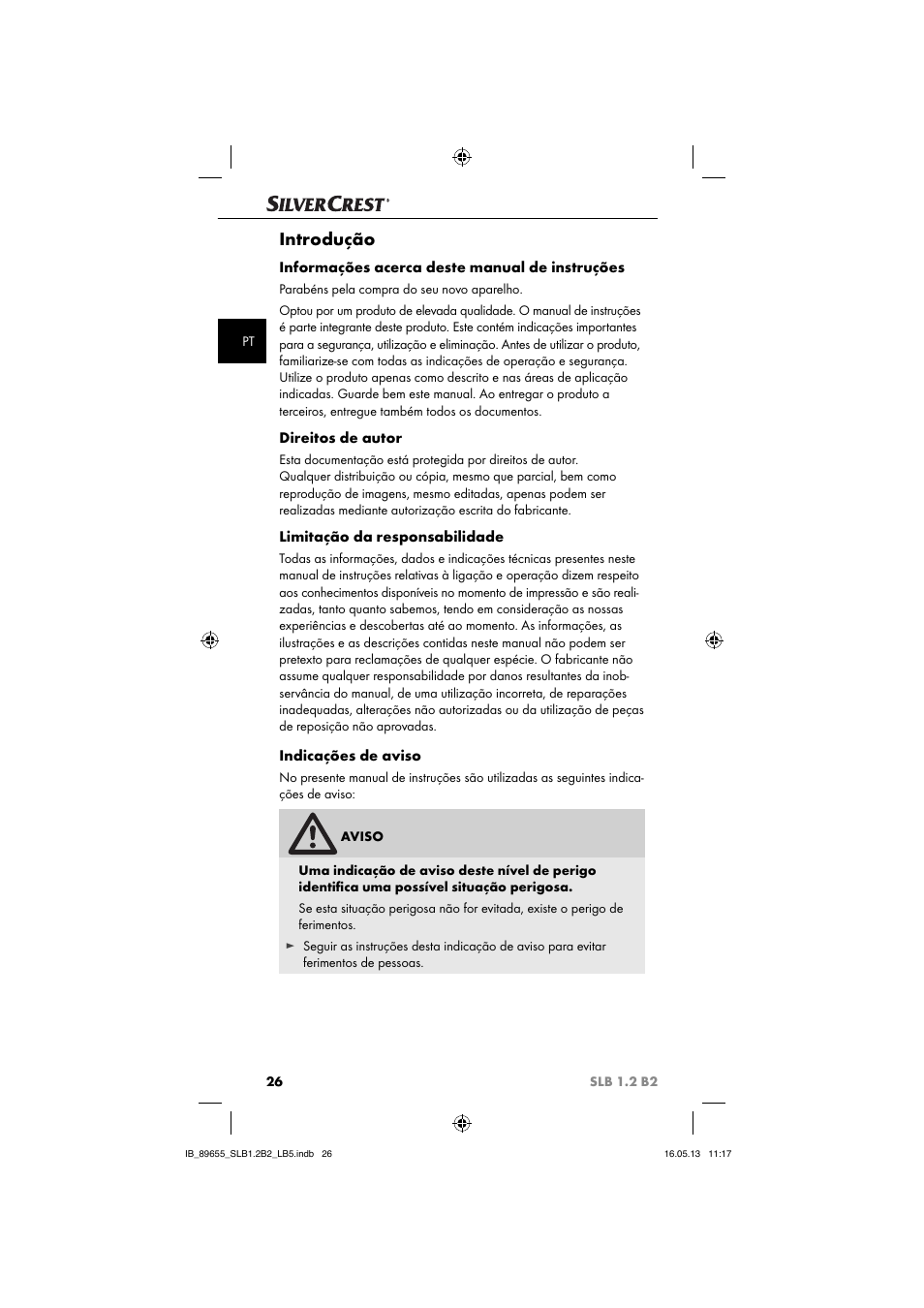 Introdução, Informações acerca deste manual de instruções, Direitos de autor | Limitação da responsabilidade, Indicações de aviso | Silvercrest SLB 1.2 B2 User Manual | Page 29 / 64