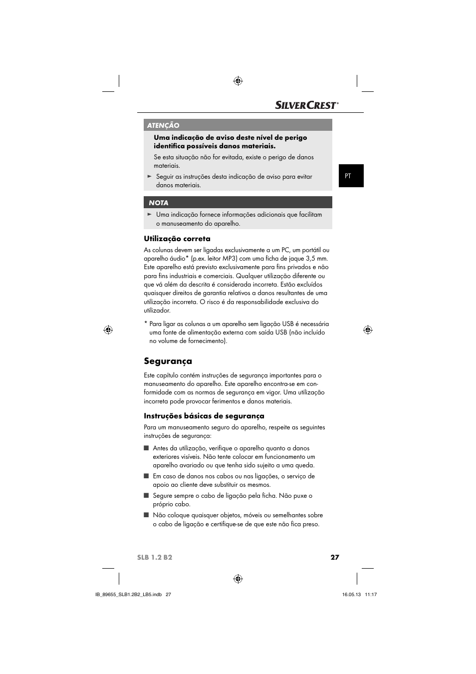 Segurança, Utilização correta, Instruções básicas de segurança | Silvercrest SLB 1.2 B2 User Manual | Page 30 / 64
