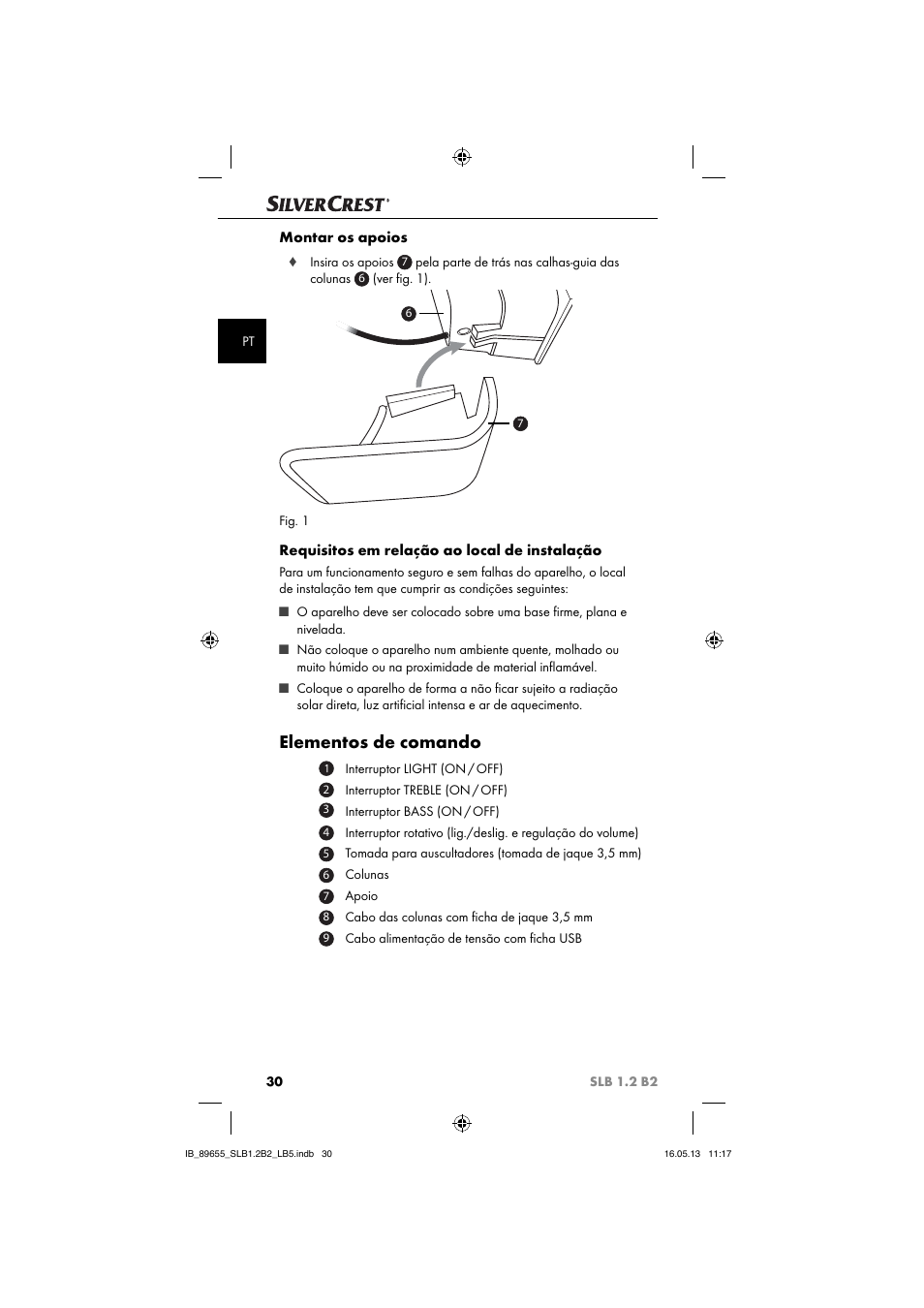 Elementos de comando, Montar os apoios, Requisitos em relação ao local de instalação | Silvercrest SLB 1.2 B2 User Manual | Page 33 / 64