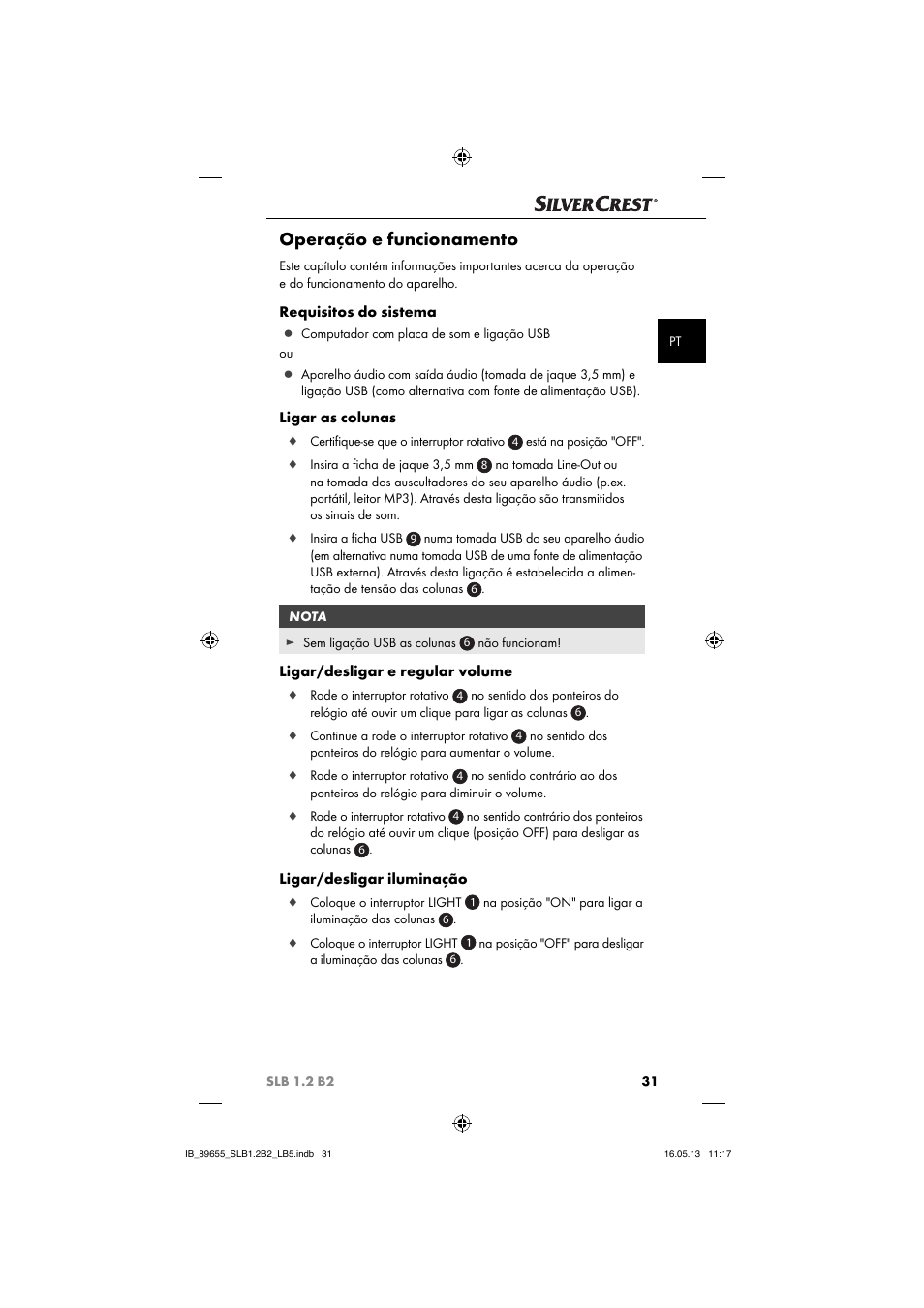 Operação e funcionamento, Requisitos do sistema, Ligar as colunas | Ligar/desligar e regular volume, Ligar/desligar iluminação | Silvercrest SLB 1.2 B2 User Manual | Page 34 / 64