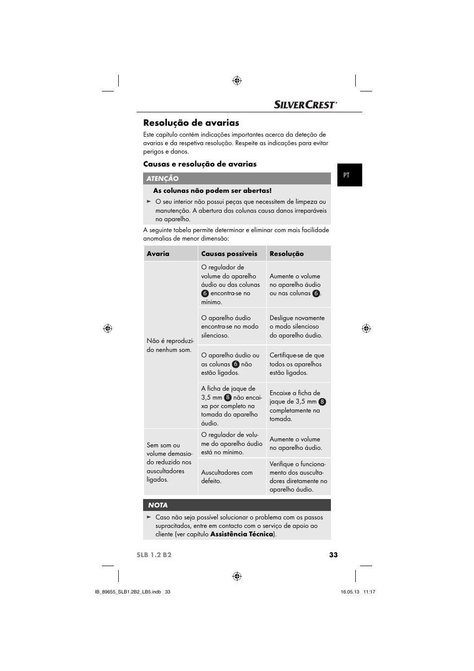 Resolução de avarias, Causas e resolução de avarias | Silvercrest SLB 1.2 B2 User Manual | Page 36 / 64