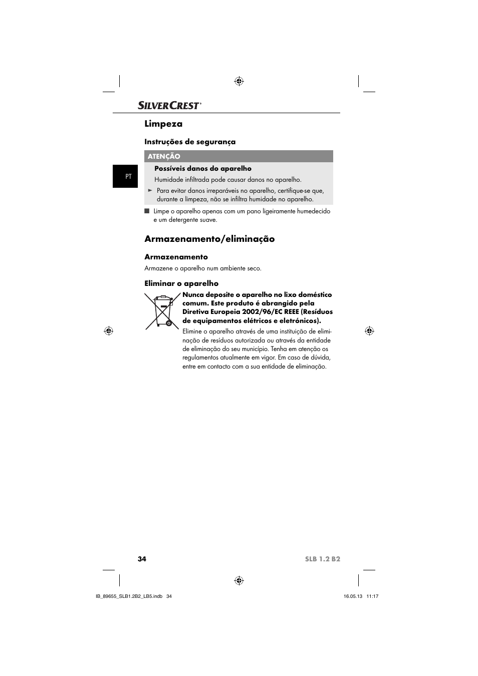 Limpeza, Armazenamento/eliminação | Silvercrest SLB 1.2 B2 User Manual | Page 37 / 64