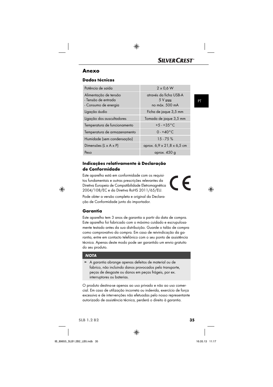 Anexo, Dados técnicos, Garantia | Silvercrest SLB 1.2 B2 User Manual | Page 38 / 64